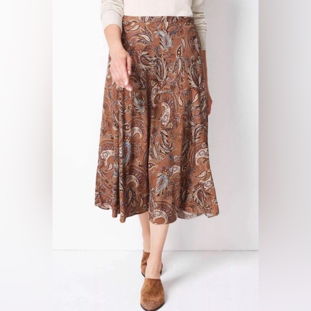 J.Jill A-Line Midi Skirt Size M Rayon Brown Flowy Paisley Print Boho Western